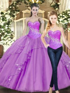 Stylish Lilac Ball Gowns Beading 15th Birthday Dress Lace Up Tulle Sleeveless Floor Length