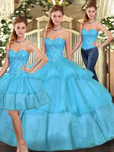 Ideal Sweetheart Sleeveless Lace Up 15 Quinceanera Dress Aqua Blue Organza