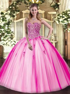 Hot Pink Sleeveless Beading Floor Length Quinceanera Dresses