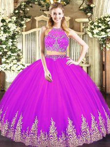 Fuchsia Tulle Zipper Scoop Sleeveless Floor Length Quinceanera Gown Beading and Appliques