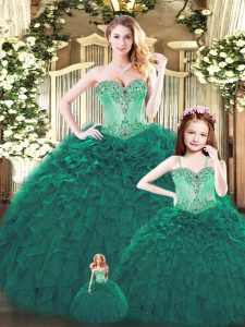 Dark Green Vestidos de Quinceanera Military Ball and Sweet 16 and Quinceanera with Beading and Ruffles Sweetheart Sleeveless Lace Up