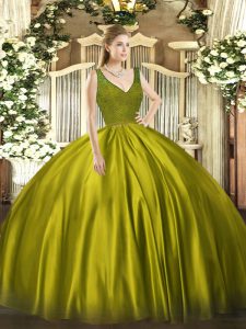 High Class Sleeveless Floor Length Beading Zipper Sweet 16 Quinceanera Dress with Olive Green