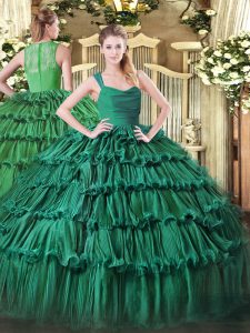 Best Green Sleeveless Floor Length Ruffled Layers Zipper Quinceanera Dresses