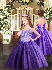 Tulle Sleeveless Floor Length Little Girl Pageant Dress and Appliques