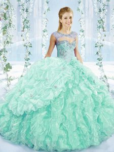 Sweet Apple Green Sleeveless Beading and Ruffles Lace Up Sweet 16 Dress