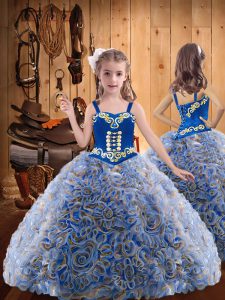 Beautiful Fabric With Rolling Flowers Sleeveless Floor Length Little Girls Pageant Dress and Embroidery and Ruffles