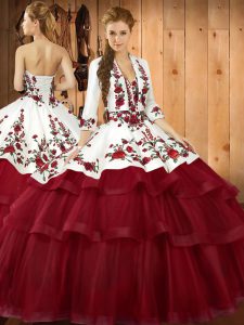 Lace Up Quinceanera Gown Wine Red for Military Ball and Sweet 16 and Quinceanera with Embroidery Sweep Train