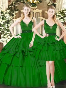 Dark Green Lace Up Straps Beading and Ruching Quinceanera Gowns Organza Sleeveless