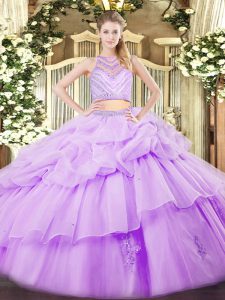 Superior Lavender Two Pieces Tulle Scoop Sleeveless Beading and Ruffles Floor Length Zipper 15 Quinceanera Dress