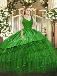 Green Organza and Taffeta Backless Sweet 16 Quinceanera Dress Sleeveless Floor Length Beading and Lace and Embroidery and Ruffled Layers
