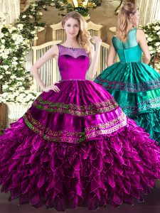 Fuchsia Ball Gowns Beading and Ruffles Quince Ball Gowns Zipper Organza and Taffeta Sleeveless Floor Length