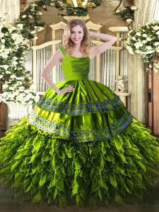 Olive Green Organza Zipper Straps Sleeveless Floor Length Sweet 16 Quinceanera Dress Beading and Ruffles