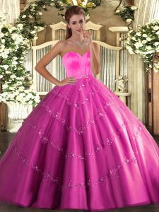 Floor Length Lace Up Quinceanera Gowns Hot Pink for Military Ball and Sweet 16 and Quinceanera with Beading and Appliques