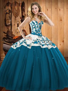 Extravagant Teal Sleeveless Satin and Tulle Lace Up 15 Quinceanera Dress for Military Ball and Sweet 16 and Quinceanera