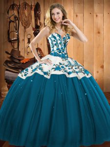 Extravagant Teal Sleeveless Satin and Tulle Lace Up 15 Quinceanera Dress for Military Ball and Sweet 16 and Quinceanera