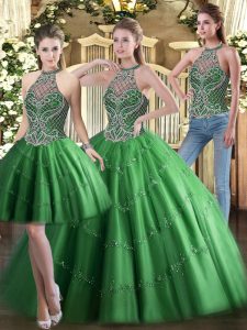 Three Pieces Vestidos de Quinceanera Green High-neck Tulle Sleeveless Floor Length Lace Up
