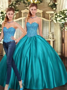 Stunning Beading Quince Ball Gowns Teal Lace Up Sleeveless Floor Length