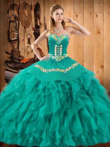 Chic Turquoise Lace Up Sweetheart Embroidery and Ruffles Ball Gown Prom Dress Satin and Organza Sleeveless