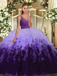Fine Multi-color Ball Gowns Organza V-neck Sleeveless Ruffles Floor Length Backless Ball Gown Prom Dress