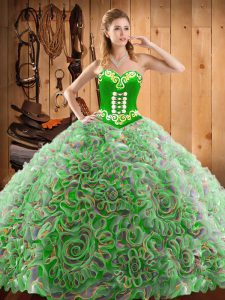 High Class Sweetheart Sleeveless Quinceanera Gown With Train Sweep Train Embroidery Multi-color Satin and Fabric With Rolling Flowers