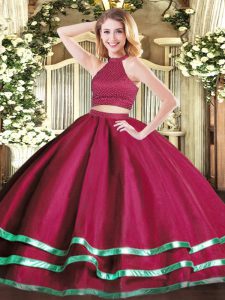 Popular Floor Length Fuchsia Sweet 16 Dress High-neck Sleeveless Backless