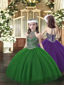 Dark Green Sleeveless Floor Length Beading Lace Up Little Girls Pageant Dress