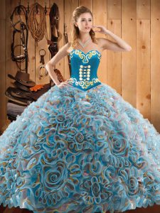 Satin and Fabric With Rolling Flowers Sweetheart Sleeveless Sweep Train Lace Up Embroidery Quinceanera Gowns in Multi-color