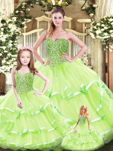 Cute Sweetheart Sleeveless Vestidos de Quinceanera Floor Length Beading and Ruffled Layers Yellow Green Tulle