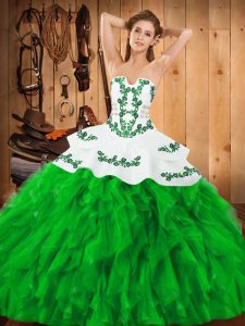 Gorgeous Green Satin and Organza Lace Up Strapless Sleeveless Floor Length Sweet 16 Quinceanera Dress Embroidery and Ruffles