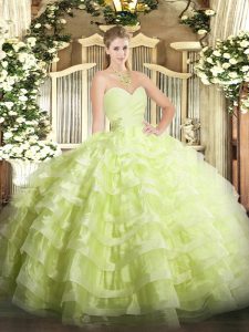 Best Yellow Green Ball Gowns Sweetheart Sleeveless Organza Floor Length Lace Up Beading and Ruffled Layers Quinceanera Gowns
