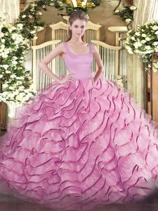 Rose Pink Sleeveless Organza Brush Train Zipper Sweet 16 Dress for Military Ball and Sweet 16 and Quinceanera