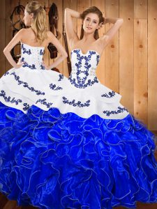 Strapless Sleeveless Satin and Organza Quinceanera Dresses Embroidery and Ruffles Lace Up