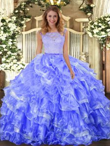 Sexy Blue Ball Gowns Lace and Ruffled Layers Vestidos de Quinceanera Clasp Handle Organza Sleeveless Floor Length