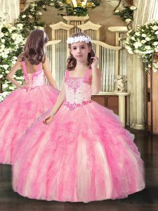 Rose Pink Ball Gowns Organza Straps Sleeveless Beading and Ruffles Floor Length Lace Up Pageant Dress for Teens