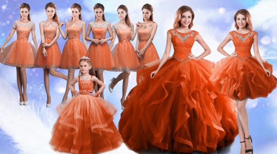 Simple Rust Red Scoop Neckline Beading and Ruffles 15 Quinceanera Dress Sleeveless Lace Up