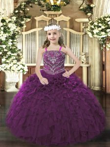 Straps Sleeveless Pageant Dress for Teens Floor Length Beading and Ruffles Purple Organza