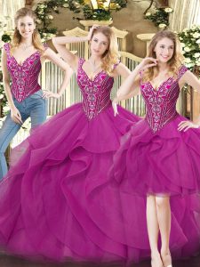 V-neck Sleeveless Quinceanera Gown Floor Length Beading and Ruffles Fuchsia Organza