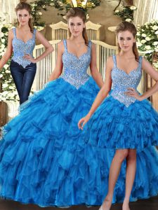 Luxurious Teal Straps Lace Up Beading and Ruffles Quinceanera Dresses Sleeveless