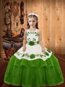 Olive Green Straps Lace Up Embroidery and Ruffled Layers Kids Formal Wear Sleeveless