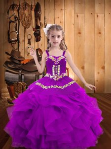 Perfect Purple Lace Up Straps Embroidery and Ruffles Kids Pageant Dress Organza Sleeveless