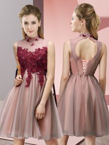 Sexy Peach Tulle Lace Up Dama Dress Sleeveless Knee Length Appliques