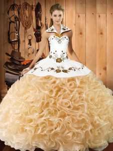 Shining Halter Top Sleeveless Lace Up Sweet 16 Quinceanera Dress Champagne Fabric With Rolling Flowers