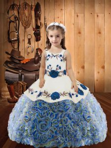 Multi-color Lace Up Straps Embroidery and Ruffles Pageant Dress for Teens Fabric With Rolling Flowers Sleeveless