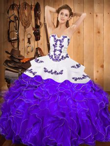 Pretty White And Purple Sleeveless Satin and Organza Lace Up Sweet 16 Quinceanera Dress for Military Ball and Sweet 16 and Quinceanera