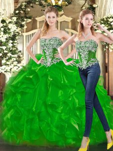 Elegant Green Quinceanera Dresses Military Ball and Sweet 16 and Quinceanera with Beading and Ruffles Sweetheart Sleeveless Lace Up