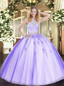 Fancy Lavender Two Pieces Lace and Appliques Quince Ball Gowns Zipper Tulle Sleeveless Floor Length