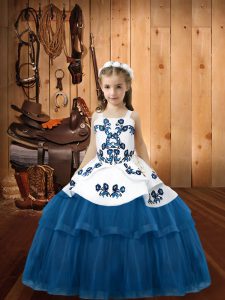 Blue Lace Up Straps Embroidery Kids Formal Wear Tulle Sleeveless