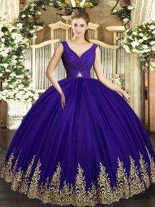 Purple V-neck Neckline Beading and Appliques Vestidos de Quinceanera Sleeveless Backless