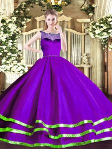 Elegant Purple Sleeveless Organza Zipper Ball Gown Prom Dress for Sweet 16 and Quinceanera