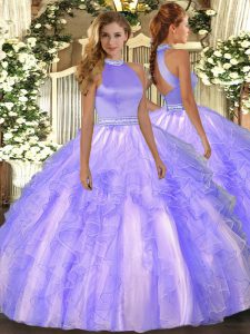 Halter Top Sleeveless Organza Quince Ball Gowns Beading and Ruffles Backless